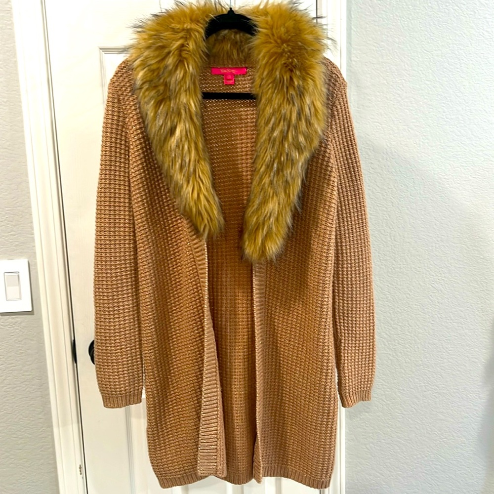 Lily Pulitzer long cardigan with faux fur collar.  EUC - size XS